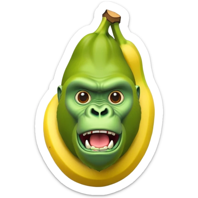 A yellow curved banana with a bright green gorilla head at the top, with gorilla facial features sticker