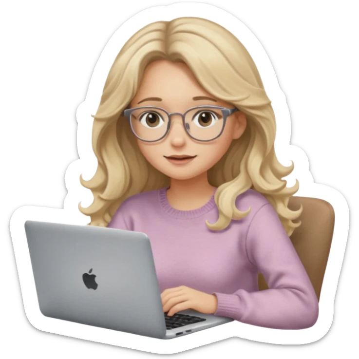blonde girl with long dark blonde wavy hair, pantos-style glasses, a brown sweater, sitting with a laptop, looking in laptop, soft pastel, upper body shot sticker