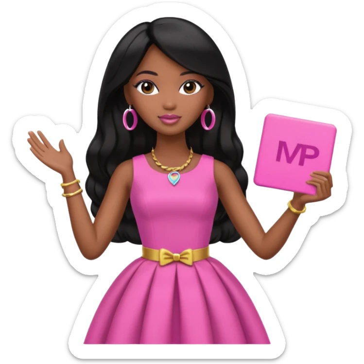 Black barbie, long black  hair, pink dress holding mvp sign  sticker