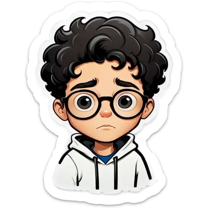 A cartoon drawing of a boy with short black curly hair with glasses and a thoughtful expression he boys face is white and he has black eyes and a black mustache. He is wearing a white hoodie. The background is a light peach color. sticker