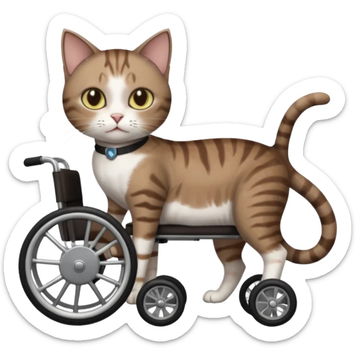 full body small short hair dark brown and white cat with hazel eyes walking in a wheelchair for cats sticker