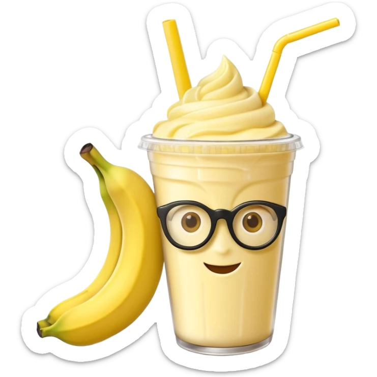 banana milkshake in a take-out cup with glassess and long lashes and banana on top sticker