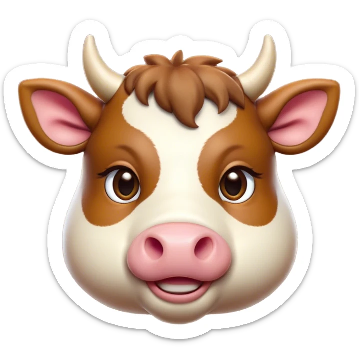 Cinematic Cute Domestic Ox Portrait Emoji, Head tilted playfully and inquisitively, with a robust, compact build and a polished hide adorned with subtle natural patterns, round, sparkling eyes full of gentle curiosity, Simplified yet irresistibly adorable features, highly detailed, glowing with a warm, friendly glow, high shine, affectionate and grounded, stylized with a touch of rustic charm, soft glowing outline, capturing the essence of a mischievous yet loving ox that feels like it could amble out of the screen into your arms! sticker