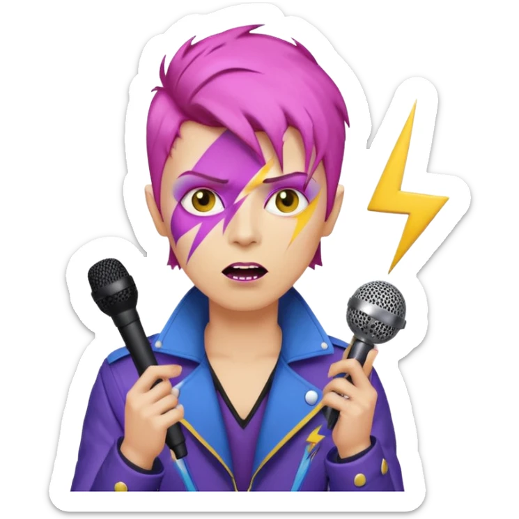male rockstar emoji character inspired by David Bowie, short pink hair, lightning bolt face paint, yellow emoji skin, dark lipstick, purple and blue jacket, holding a microphone, white background sticker