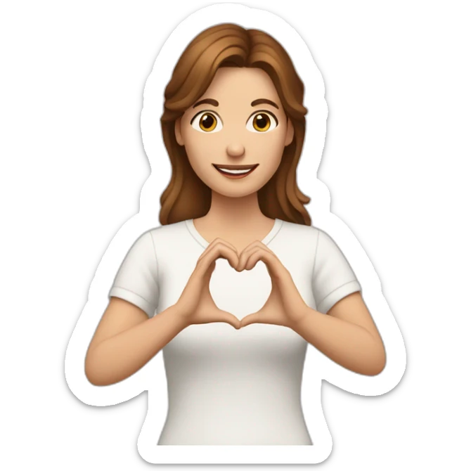A white woman with brown hair, and making a heart symbol with her hands sticker