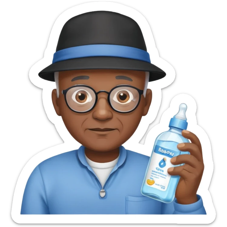 Bald black grandpa with blue shirt and black hat holding baby oil  sticker