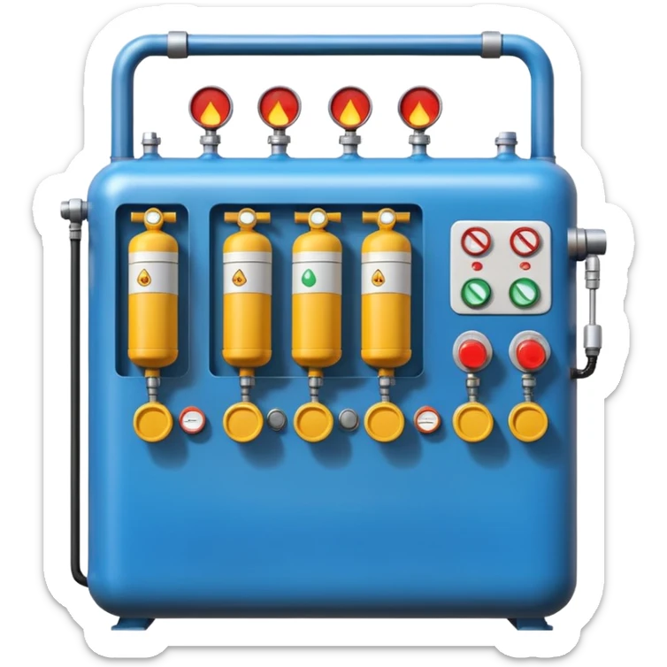 gas distribution station emoji style with a row of vertical gas cylinders and a small control panel sticker