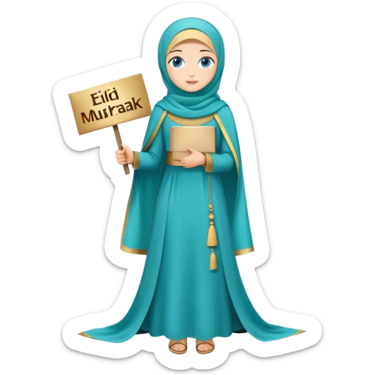 Turkish beautiful finish Konya girl blue eyes with gold hijab and islamic long tailed turquoise dress on the ground and had on her hand text Eid Mubarak  sticker