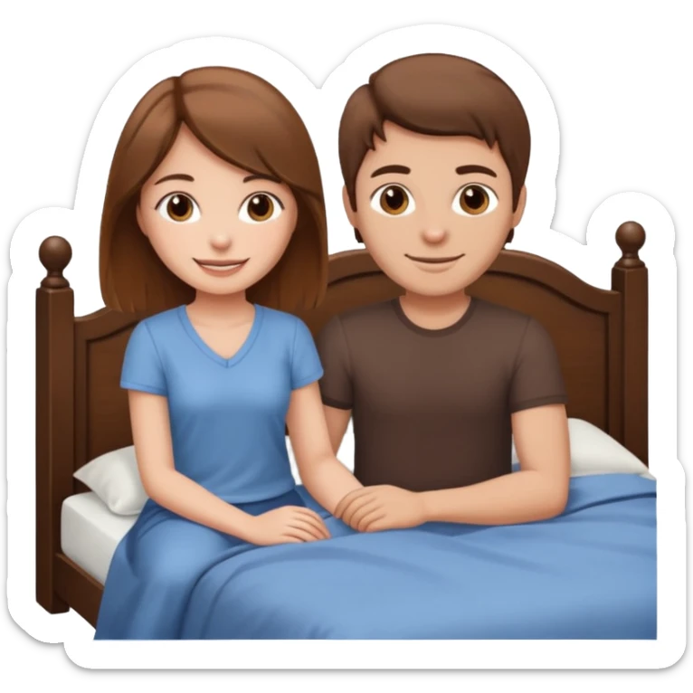 A brown-haired girl and a brown-haired man. They are both on a bed. The girl is sitting on the man. sticker
