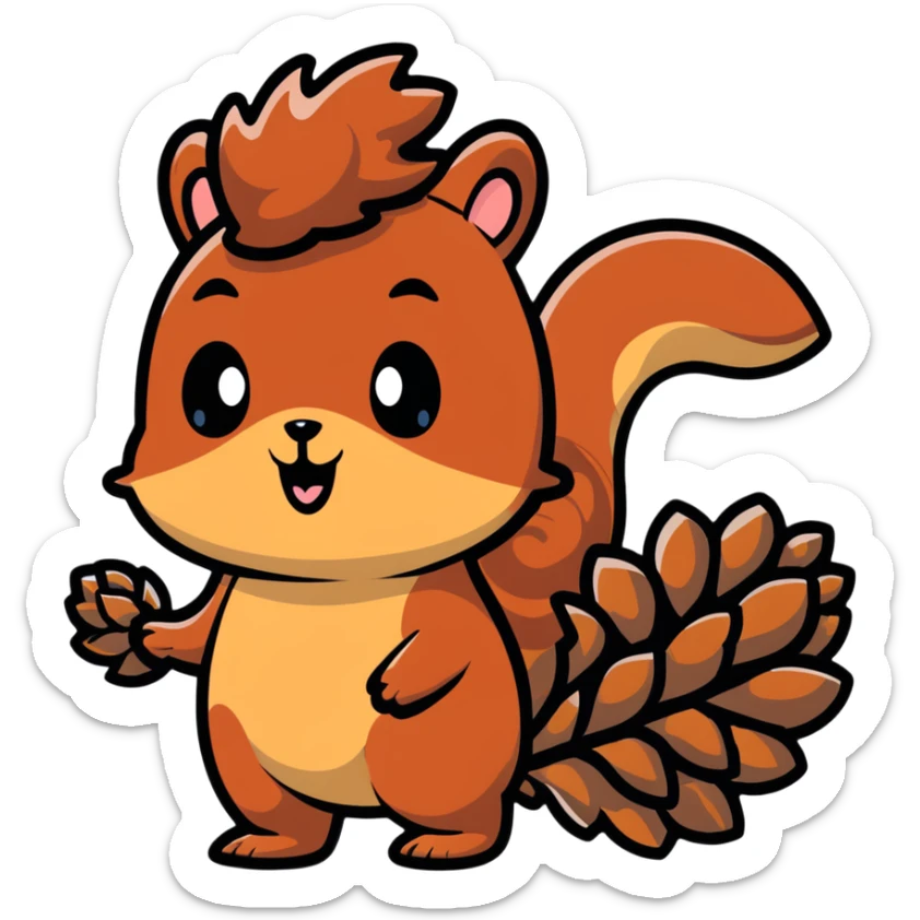 A greedy little squirrel with a big pine cone on top of its head, showing a strange facial expression, wide eyes sticker