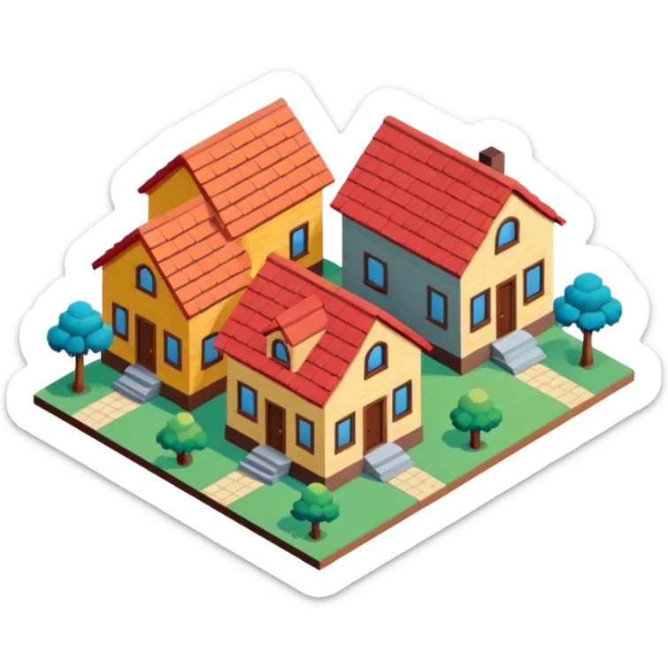 group of 3 houses representing neighborhood isometric houses on transparent background sticker