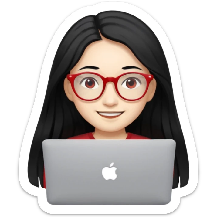 filipino long hair black fair skin with red eyeglasses freelancer with MacBook, smiling. sticker
