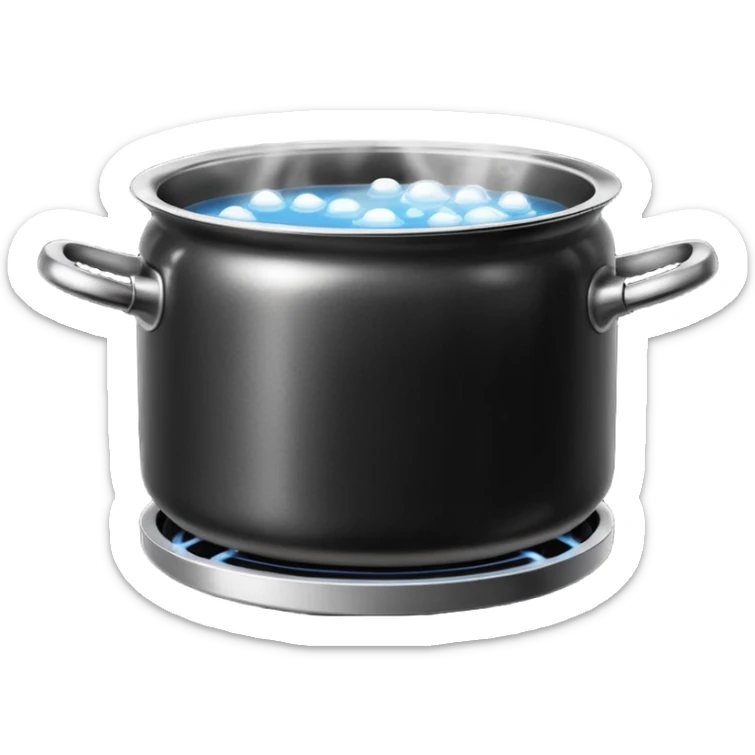black small metal pot filled with boiling water on a stove, visible hot steam and rising bubbles, realistic heat effect, shiny pot surface, bright lighting, clean white background sticker
