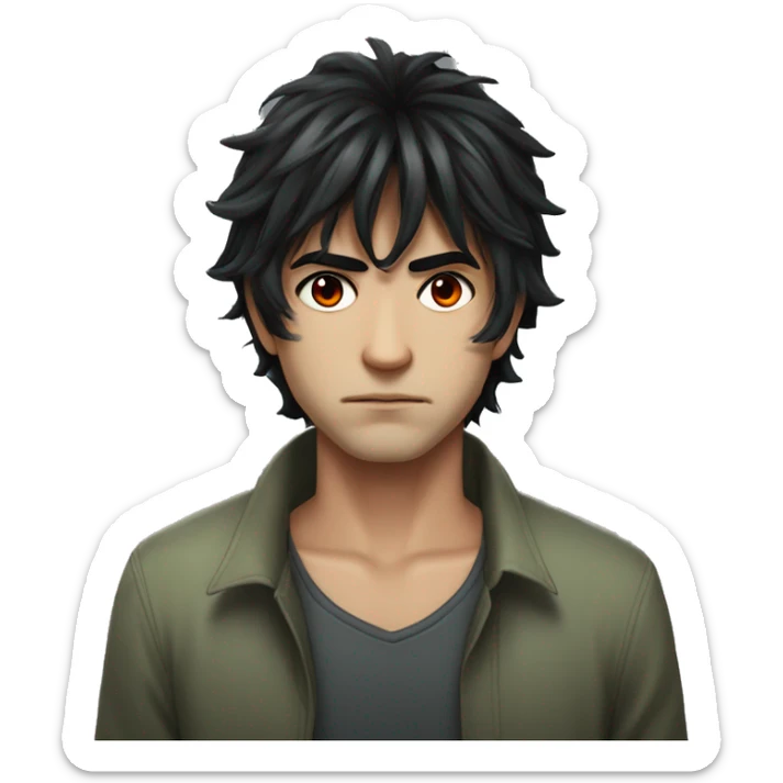 A man with messy black hair, long bangs covering his red right eye, and a gray-green left eye. His neutral expression, with a slight frown, gives off a serious, mysterious vibe. Full-body anime style, 8k realism sticker