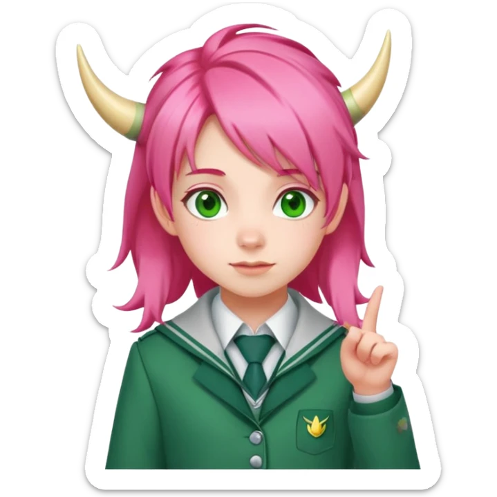 Anya Forger from Spy x Family, cute little girl with pink hair styled with two horn-like tufts, green eyes, cheerful expression, wearing Eden Academy school uniform with red jacket sticker