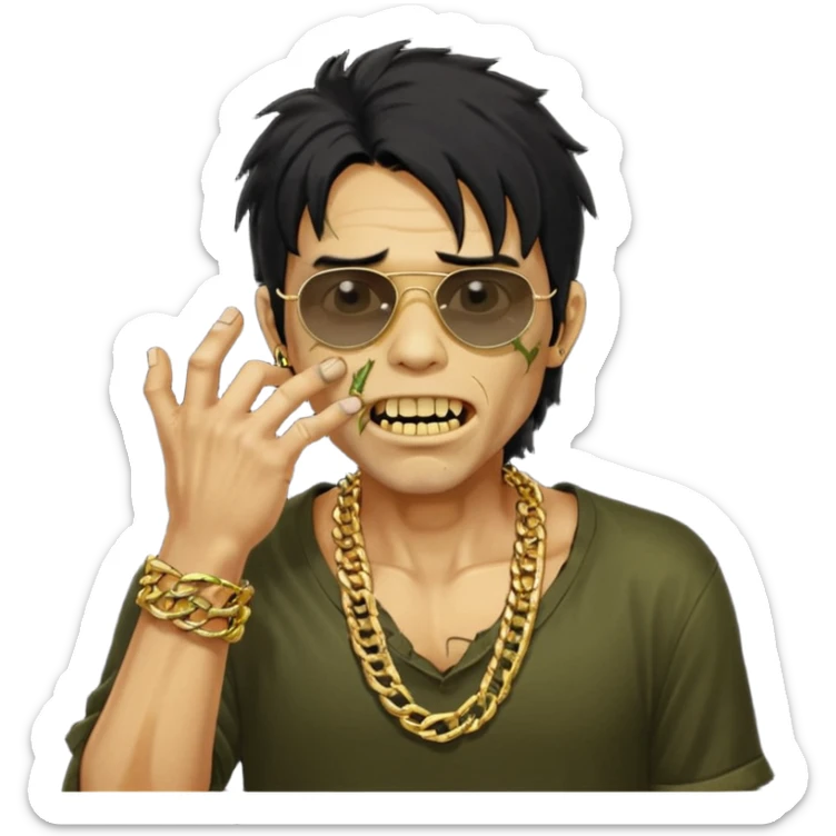cabelo liso desordenado negro homen con aparencia de zombi y que haga un gesto mostrando los dientes de oro que se agarre la boca con la mano y que sea color piel, ponle unas gafas brasileñas, una camisa negra y que tenga cadenas de oro sticker