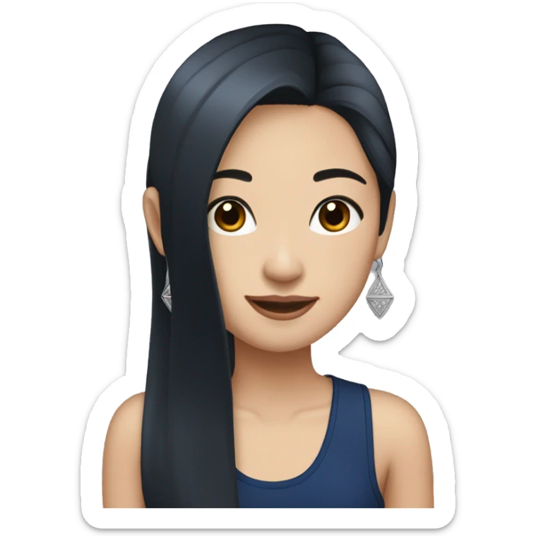 Asian girl with long black straight hair, silver earrings, and a navy tank top  sticker