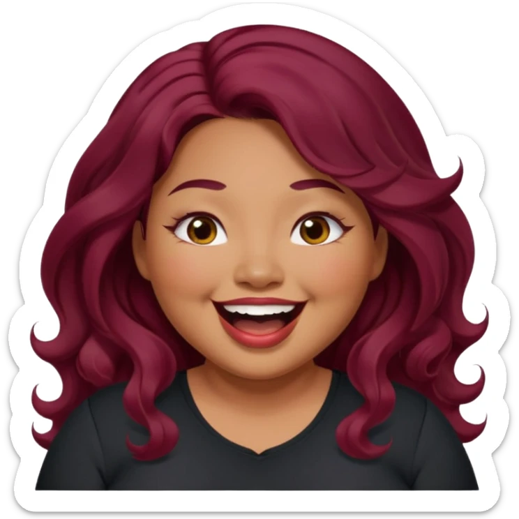 Plus size red hair brown face small eyes long hair Asian eyes small eyes wavy hair eye lashes burgundy hair black shirt laughing  sticker