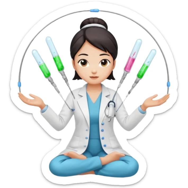emoji of an asian woman with a single bun in a white lab coat sitting cross legged with micropipettes levitating in an arc around her head, the tips should be pointing away from her and she should not be wearing a steth escope sticker