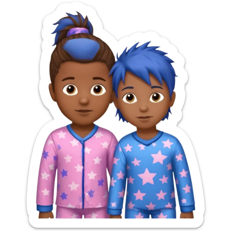 4 year old brown spikey haired boy with blue pajamas with stars on them and a 1 year old brown haired pony tail girl with pink pajamas, and stars on them sticker