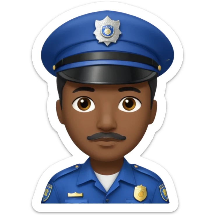 A police officer with dark skin tone, wearing a dark blue police cap with a silver badge in the center, short black hair mostly covered by the cap, large brown eyes, a small black mustache, and a neutral expression. sticker