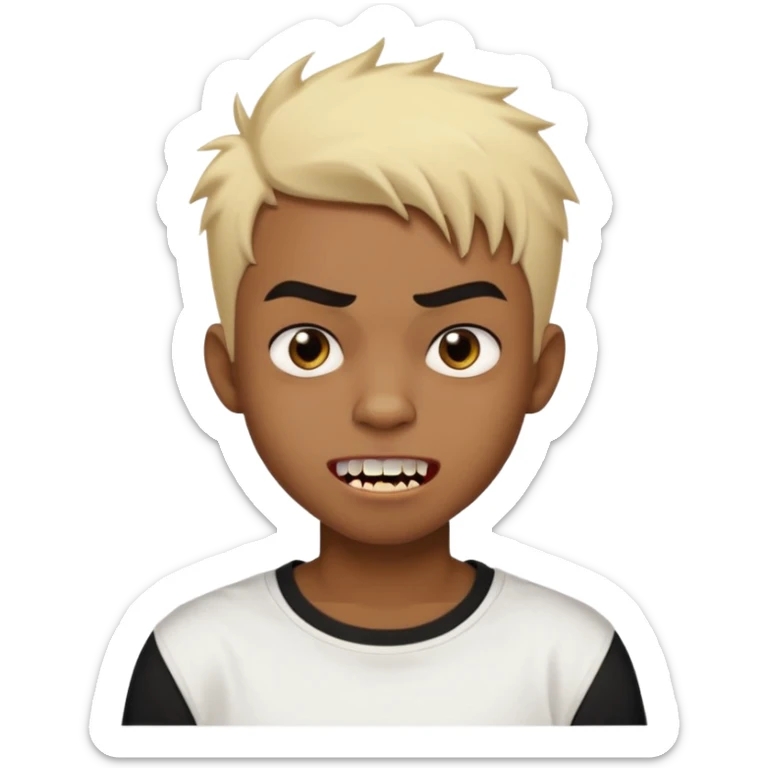 Black Male Teenager with Short punk messy blonde hair, Dark brown bushy eyebrows large expressive golden-brown eyes, wearing a plain white t-shirt, Dark Brown skin color. vampire tooth sticker