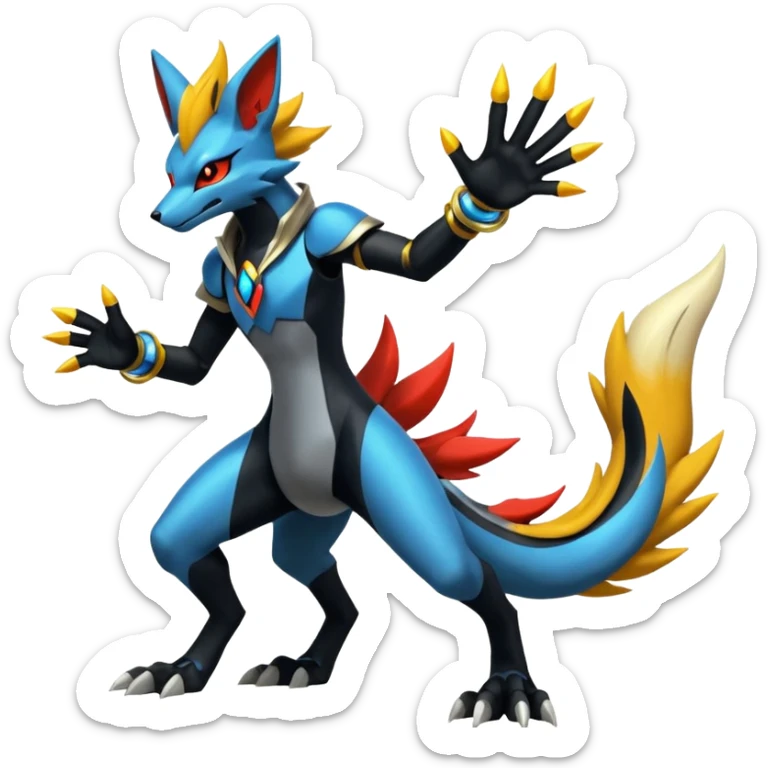 Edgy futuristic Delphox-Zeraora-Salandit-Lucario-fusion sticker