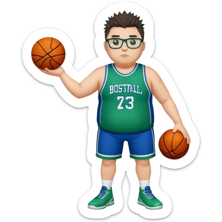 Full Body overweight white male with dark short spike hair basketball player wearing glasses wearing blue green uniform sticker