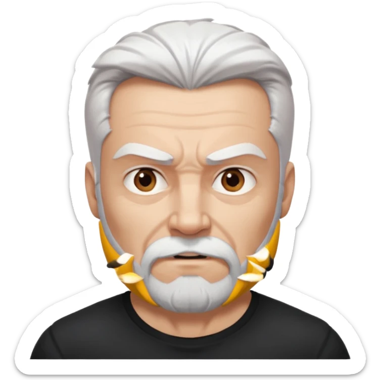 White haired muscled adult man with a black t-shirt. He has white beard and a long goatee. Dark brown eyes and some wrinkles. Attractive, Wolverine vibes. Not too old. sticker