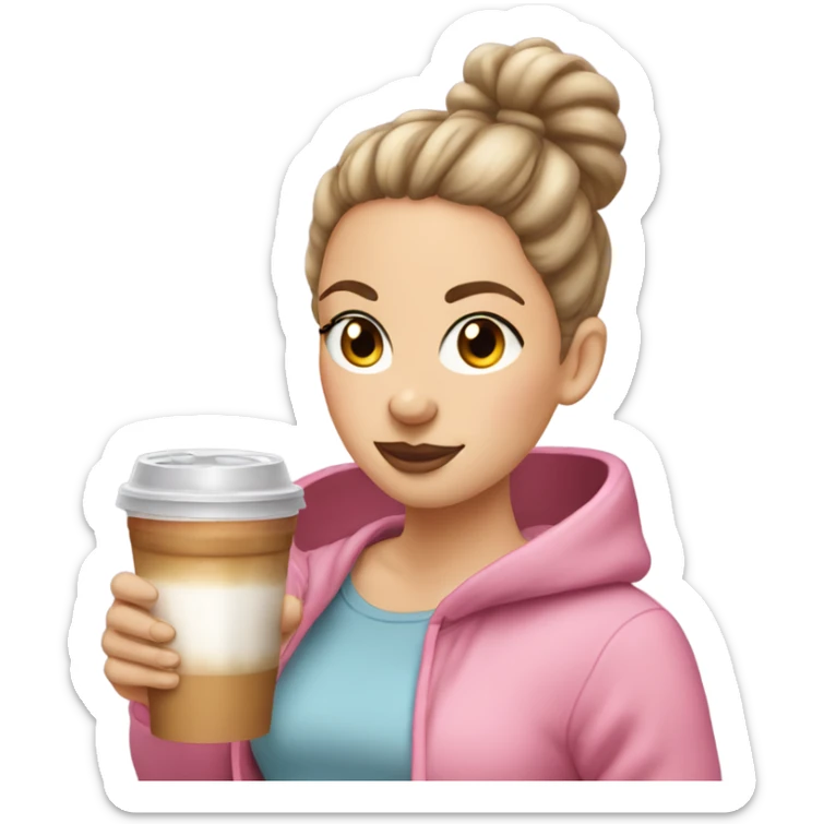 white girl with brown bun in a pink hoodie with iced coffee sticker