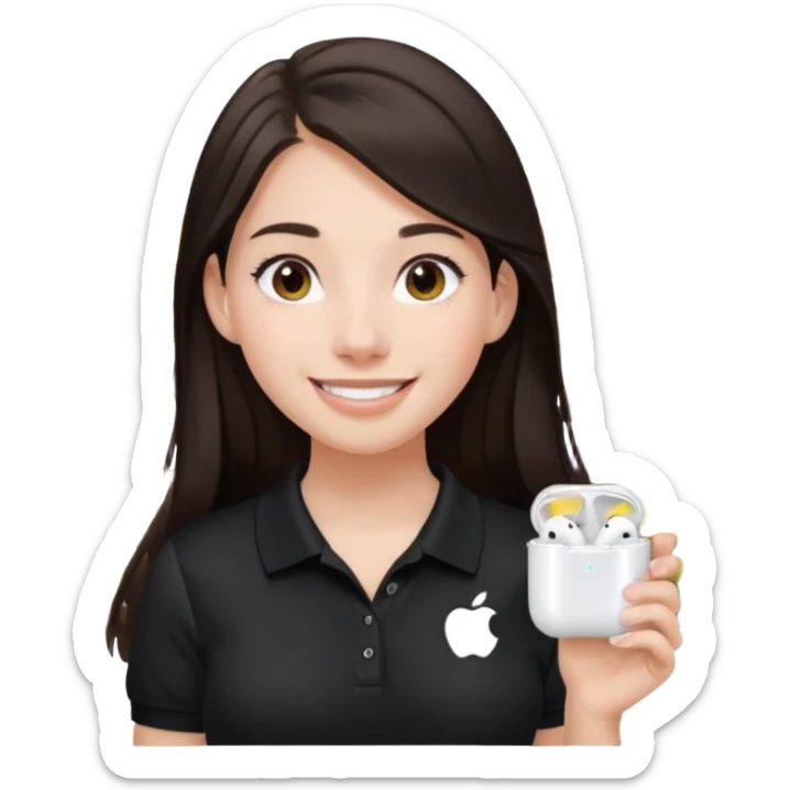 Girl with long dark brown hair with airpods wearing a black wegmans grocery store polo sticker