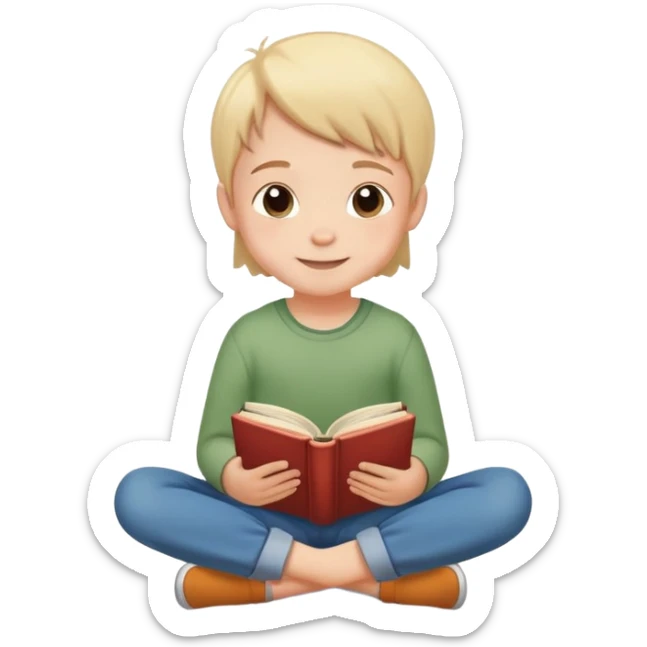 child sitting cross-legged on the floor, cheerful and calm, with a book in hand sticker
