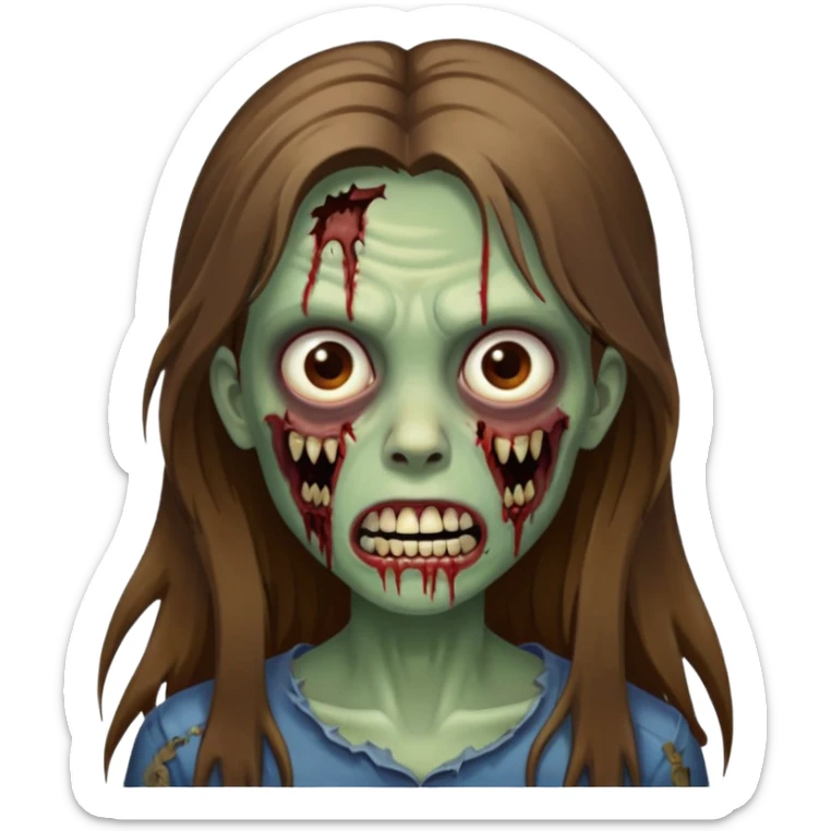 Girl zombie with brown long hair with teeth and serious face IOS style sticker