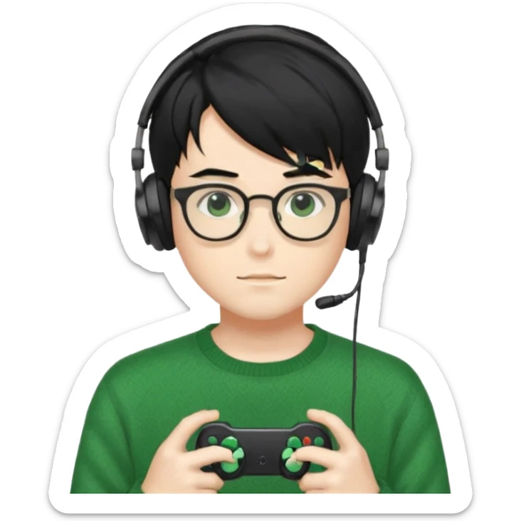 
gamer, Gorgeous green sweater black hair anime style shojo guy glasses, headphone, gamepad sticker