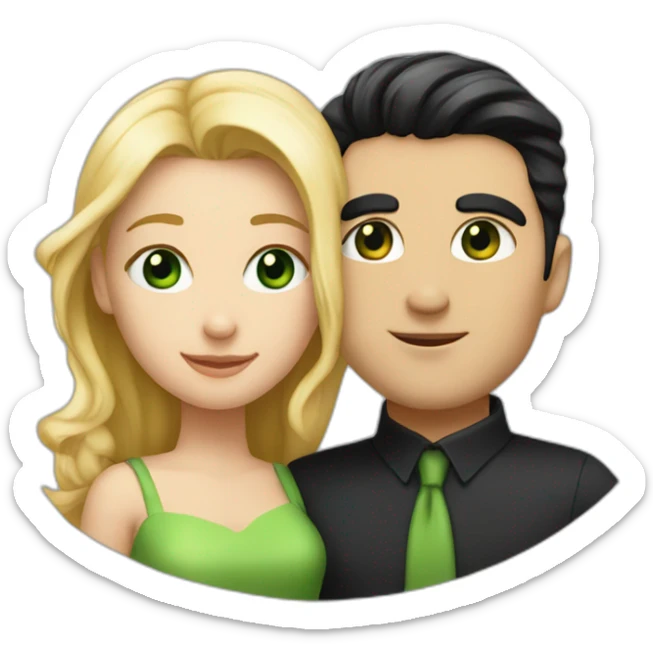 A couple of a girl with blonde hair and green eyes, and a man with black hair and black eyes, that are hugging sticker