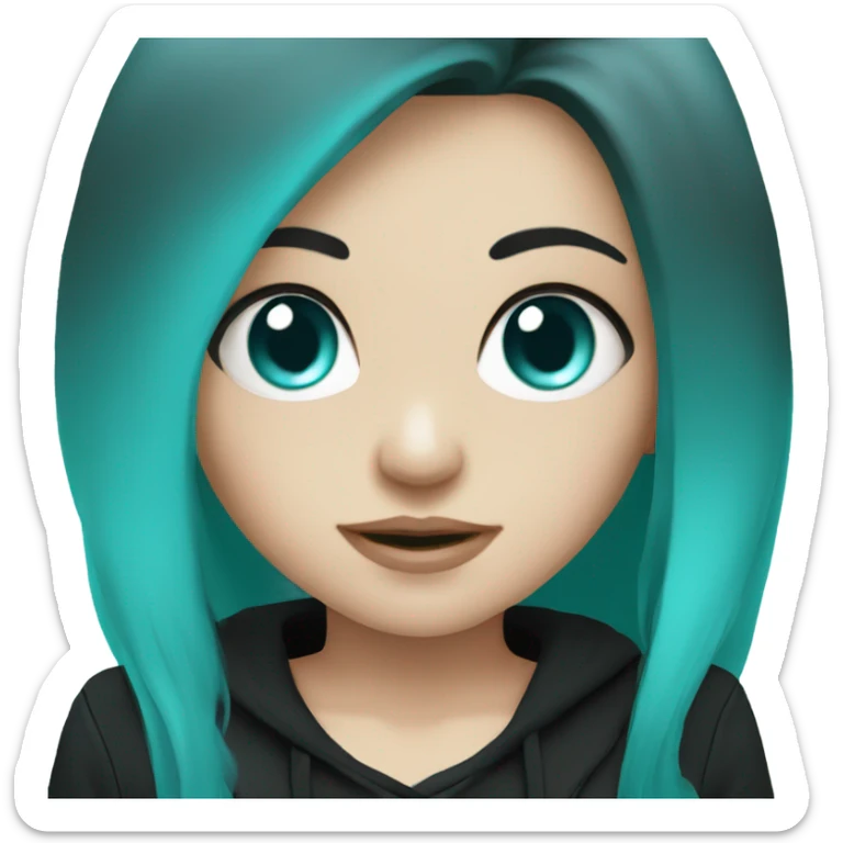 a white skinned cute girl with dark turquoise long hair, light turquoise eyes and black clothes sticker