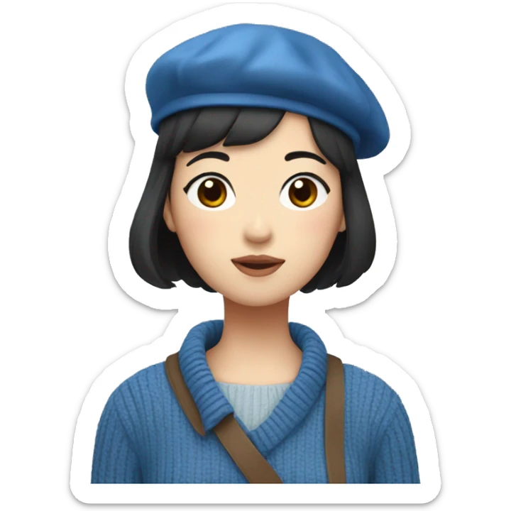 korean girl short black hair sharp jawline, wearing a blue sweater and beret sticker