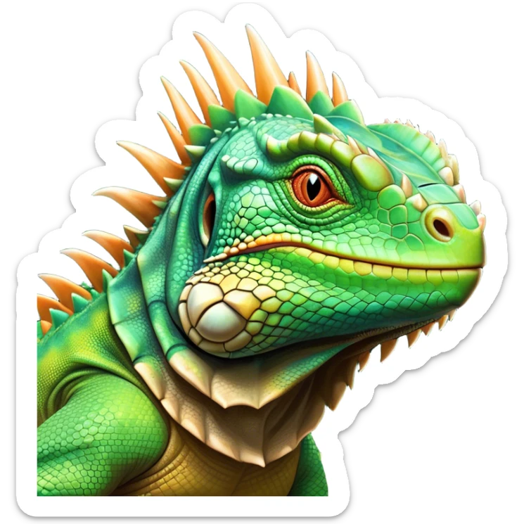 Cinematic Noble Iguana Portrait Emoji, Poised and majestic, with a robust, muscular build and a vibrant, scaly body accented by a prominent spiky crest and keen, observant eyes, Simplified yet sharp and sophisticated features, highly detailed, glowing with a soft, jungle radiance, high shine, intelligent and formidable, stylized with an air of ancient reptilian authority, focused and commanding, soft glowing outline, capturing the essence of a watchful guardian that appears ready to stride out of the screen with effortless might! sticker