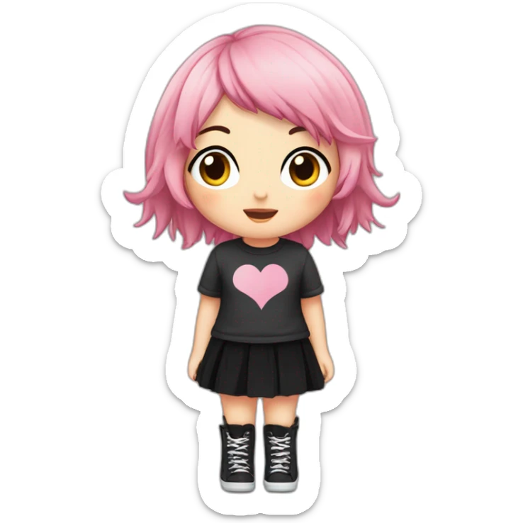 Full body Front view curvy emo girl pink hair sits on the floor straight view hands up black skirt полосатые рваные чулки sticker