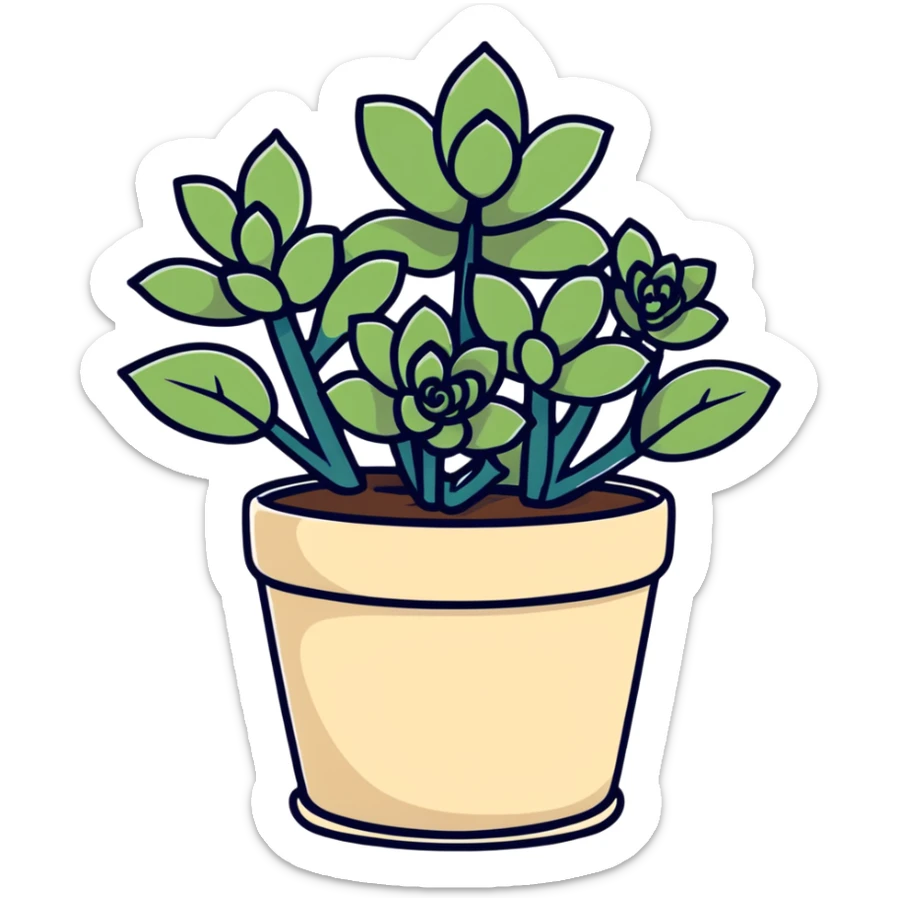Sedum Pachyphyllum succulent with chubby blue-green leaves in a beige ceramic pot sticker