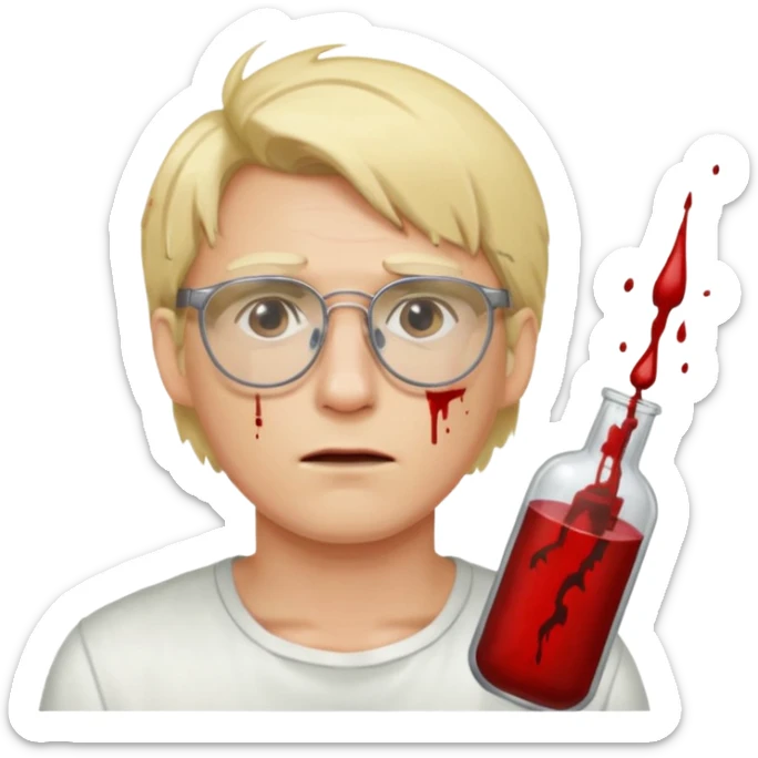 Guy with long blond hair and glasses head with gun wound and blood every where  sticker