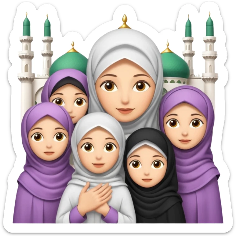A picture of a mother with several daughters around her, the mother is wearing a veil and they are all in an Iranian Muslim mosque. Cartoon. 3D sticker