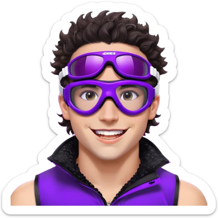 close-up of cool guy male athlete with white skin and moderately curly dark brown hair on top with shaved sides, wearing ski goggles with purple frames and very dark black lenses, winking behind the goggles, with an open mouth confident smile like a cool guy, a simple plain black chain necklace, and a completely unzipped sleeveless vest with purple and black sequin fire pattern design with no logo sticker