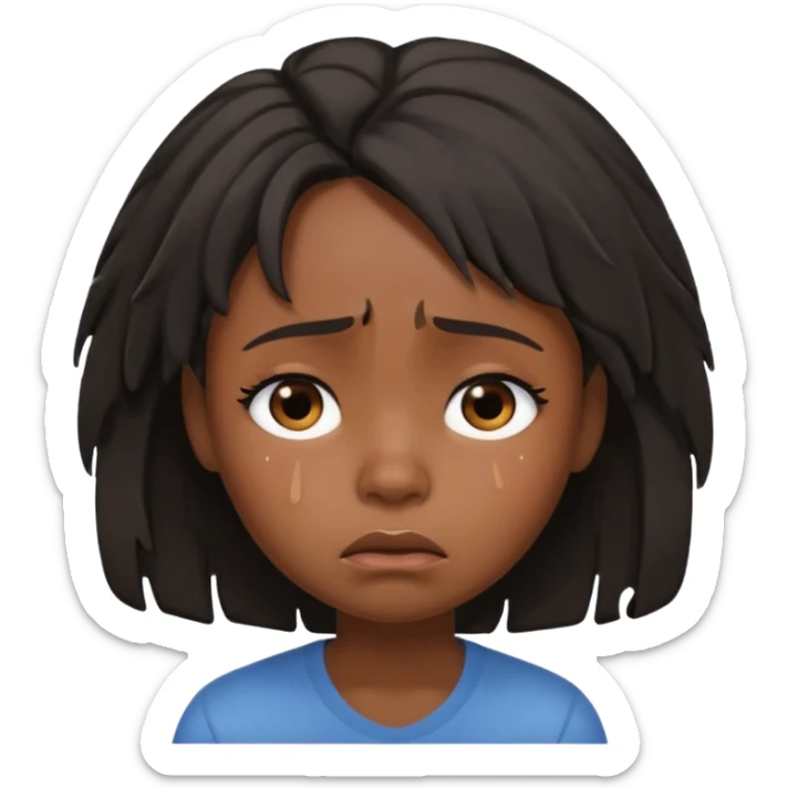 sad crying black girl with straight messy hair, iOS memoji style, single tear, subtle sadness sticker