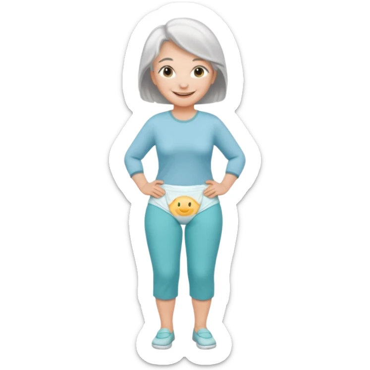 a Woman, mid 50 with light grey hair, wearing pampers (incontinence pants) sticker