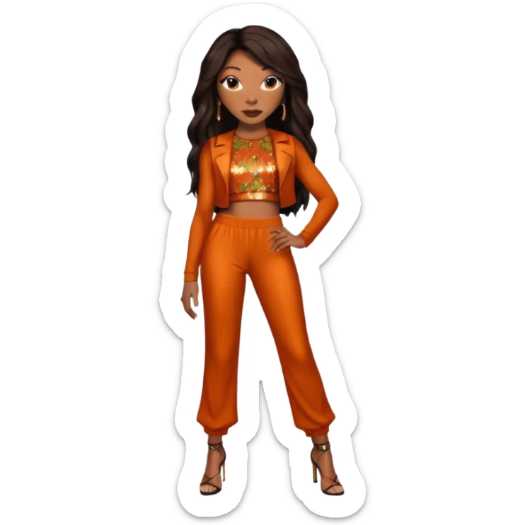 Brandy Norwood with dark brown long hair, burnt orange sequin crop top and pants sticker