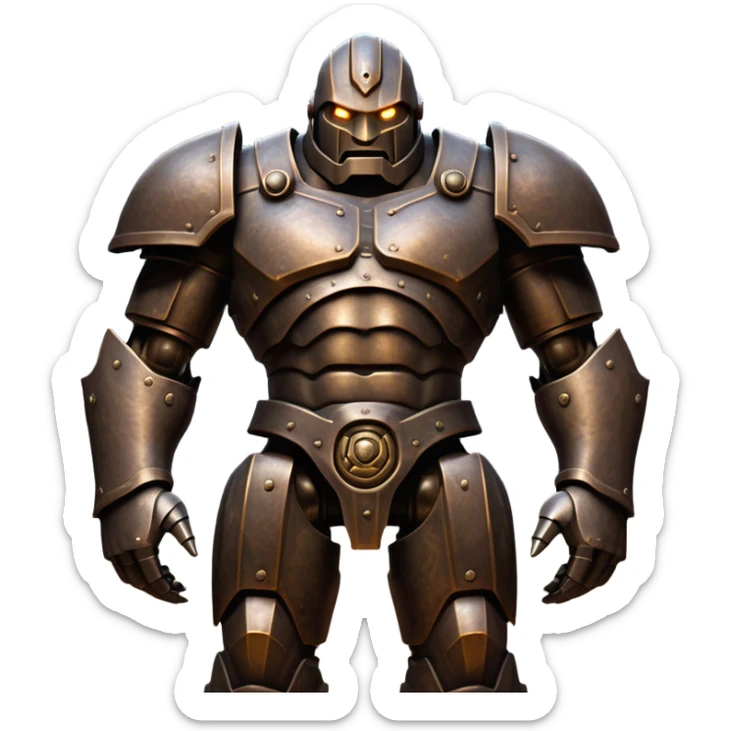 Cinematic Noble Mighty Iron Golem Portrait Emoji Poised and imposing, with a towering, metallic form forged from intricately detailed plates of burnished steel and ancient bronze, etched with faint traces of runes and weathered marks of time. Its piercing, glowing eyes radiate unwavering resolve, casting a solemn and commanding presence; rendered with lifelike texture and natural metallic highlights, high shine, elegant yet indomitable, styled with an aura of legendary endurance, focused and resolute, soft glowing outline, capturing the essence of an eternal guardian, standing vigilant and immovable as if ready to awaken at any moment with unstoppable might! sticker