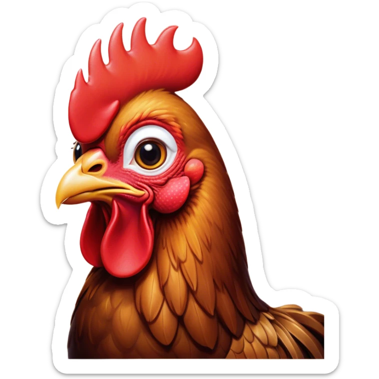 Cinematic Cute Brown Rooster Portrait Emoji, Head tilted playfully and inquisitively, featuring a glossy, immaculate brown plumage with a vibrant red comb, round, sparkling warm eyes filled with curiosity, Simplified yet irresistibly adorable features, highly detailed, glowing with a warm, friendly glow, high shine, affectionate and spirited, stylized with a touch of farmyard whimsy, bright and endearing, soft glowing outline, capturing the essence of a mischievous yet loving rooster, so playful it feels like it could strut out of the screen and into your arms! sticker