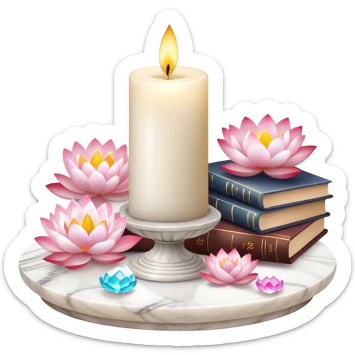 Aesthetic candles, flower petals, books, marble stand, crystal stones, lotus, feathers, zen, decoration, meditation,  sticker