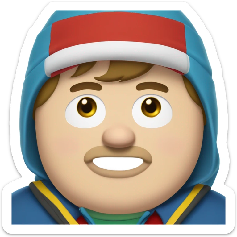 eric cartman (fat boy with white skin tone, blue and yellow poofball hat, red jacket, oval eyes, no nose and smile) sticker